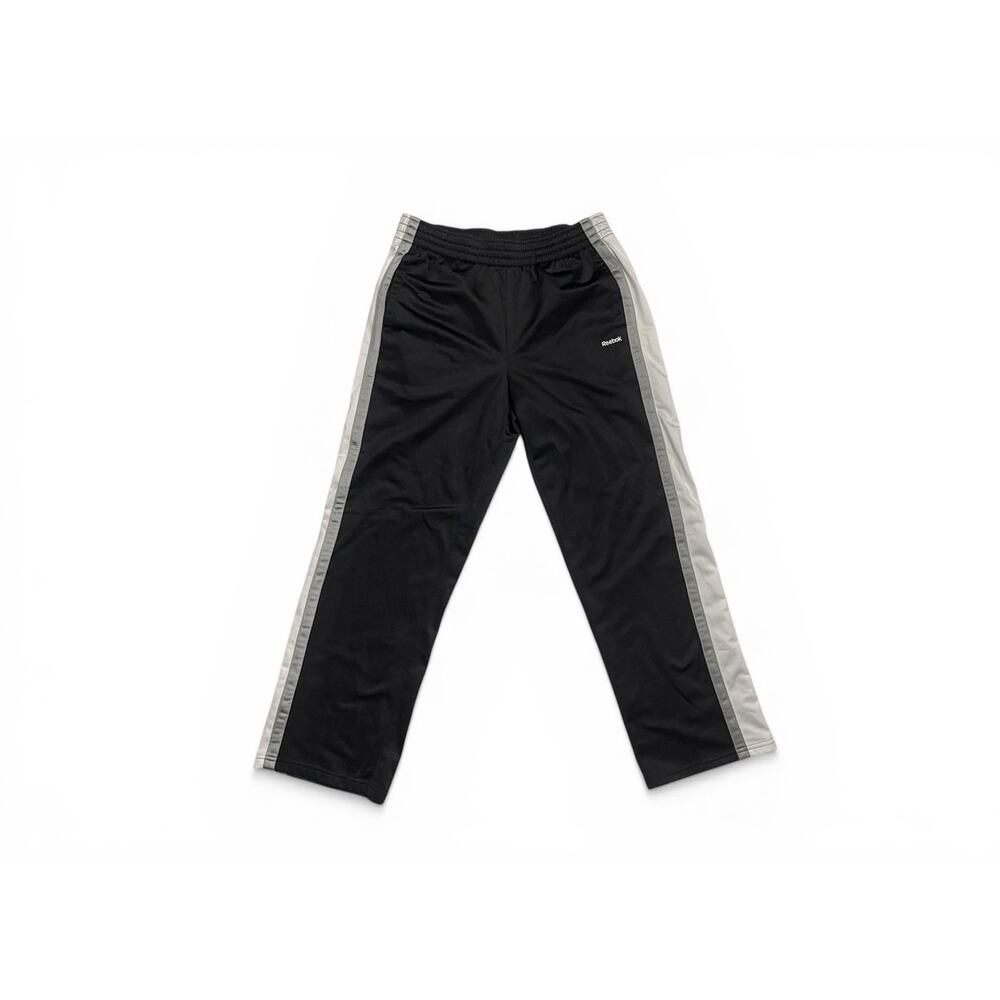 Vintage Reebok Track Pants Black Gray Stripe Y2K Athletic Joggers Boys L (14-16)